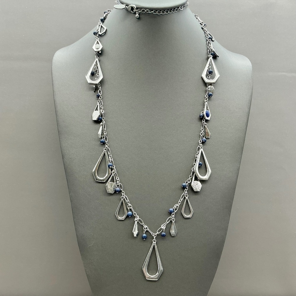 White House Black Market Necklace Silver Tone Blue Bead Charm Dangle Station 36"